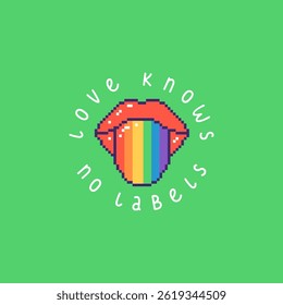 Square pride poster with bright red lips, rainbow tongue and phrase Love Knows No Labels. LGBT banner in pixel style. Hand drawn vector illustration.