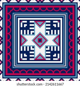 Square print with geometric patterns. Design for a shawl, scarf, headscarf, bandana, plaid and other textiles.