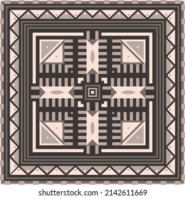 Square print with geometric patterns. Design for a shawl, scarf, headscarf, bandana, plaid and other textiles.