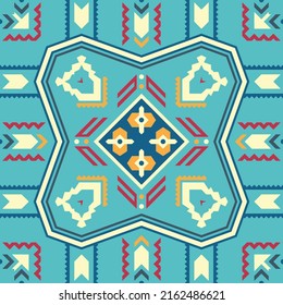 Square print with geometric patterns. Design for a shawl, scarf, headscarf, bandana, plaid and other textiles.