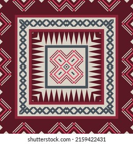 Square print for a scarf, pareo, plaid, headscarf, hijab, bandana and other textiles. Ethnic design with geometric ornament.