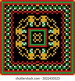 Square print for shawl, scarf, hijab, plaid, pareo, bandana and other textiles. Abstract pixel ornament. 
