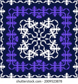 Square print for textiles. Stylish design with ornaments for scarf, shawl, headscarf, bandana, pareo, hijab and other products. 