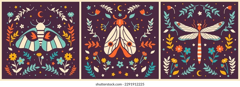 Square prints. Bohemian night garden aesthetic. Vintage spiritual vibe, mystery insects: luna moth, dragonfly. Mystical boho moth art.