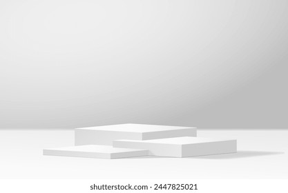 Square promo podium realistic vector illustration. Empty showcase platform. Products advertising design 3d object on white background