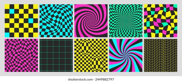 Square psychedelic checkerboard acid backgrounds with warped grid tile, spiral and swirls. Checkered seamless geometric patterns in groovy y2k style. Distorted chessboard covers with distortion effect