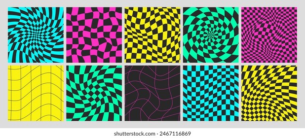 Square psychedelic checkerboard acid backgrounds with warped swirl grid tile, wavy lines. Twisted checkered seamless pattern in trendy y2k style. Distorted chessboard cover set with distortion effect.