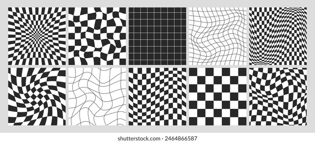 Square psychedelic checkerboard with warped black and white grid tile. Checkered seamless geometric pattern in retro y2k style. Distorted chessboard background with distortion effect, optical illusion