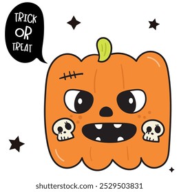 Square pumpkin Halloween cartoon with skull. Series: Groovy Retro cartoon kawaii (trick or treaters) drawing Kids party holiday festival. Perfect makes a wish for background and shirt design.