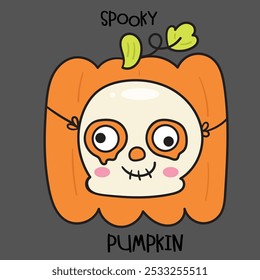 Square pumpkin Halloween cartoon wear mask. Series: Groovy Retro cartoon kawaii (trick or treaters) drawing Kids party holiday festival. Perfect makes a wish for background and shirt design.