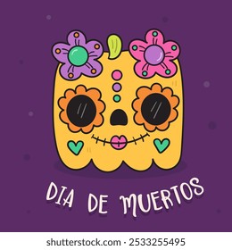 Square Pumpkin Halloween in dia de los Muertos Mexico style kawaii vector Day of the dead flowers. Series: Groovy Retro cartoon (trick or treaters) drawing Kids party holiday festival. 