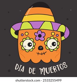 Calabaza cuadrada Halloween en día de los Muertos estilo México con caramelos cornkawaii Vector Día de las flores muertas. Serie: Dibujo de dibujos animados Groovy Retro (truco o golosinas) Festival de vacaciones de fiesta para niños. 