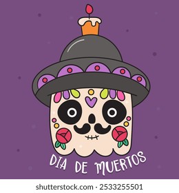 Square Pumpkin Halloween in dia de los Muertos Mexico style wear sombrero hat kawaii vector Day of the dead flowers. Series: Groovy Retro cartoon (trick or treaters) drawing party holiday festival. 