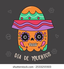 Square Pumpkin Halloween in dia de los Muertos Mexico style sugar skull kawaii vector Day of the dead flowers. Series: Groovy Retro cartoon (trick or treaters) drawing Kids party holiday festival. 