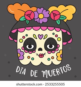 Square Pumpkin Halloween in dia de los Muertos Mexico style kawaii vector Day of the dead flowers Sugar skull girl. Series: Groovy Retro cartoon (trick or treaters) drawing holiday festival. 