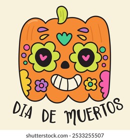 Square Pumpkin Halloween in dia de los Muertos Mexico style kawaii vector Day of the dead flowers. Series: Groovy Retro cartoon (trick or treaters) drawing Kids party holiday festival. 