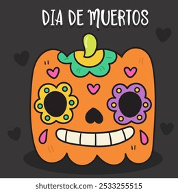 Square Pumpkin Halloween in dia de los Muertos Mexico style kawaii vector Day of the dead flowers. Series: Groovy Retro cartoon (trick or treaters) drawing Kids party holiday festival. 