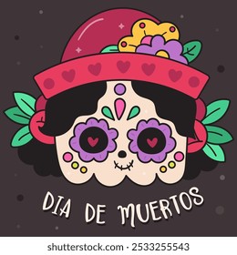 Calabaza Cuadrada Halloween en día de los Muertos México estilo kawaii Vector Día de las flores muertas. Serie: Dibujo de dibujos animados Groovy Retro (truco o golosinas) Festival de vacaciones de fiesta para niños. 