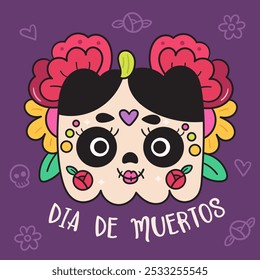 Square Pumpkin Halloween in dia de los Muertos Mexico style kawaii vector Day of the dead flowers sugar skull women. Series: Groovy Retro cartoon (trick or treaters) holiday festival. 