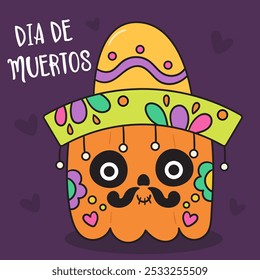 Square Pumpkin Halloween wear sombrero hat in dia de los Muertos Mexico style kawaii vector Day of the dead flowers. Series: Groovy Retro cartoon (trick or treaters) drawing holiday festival. 