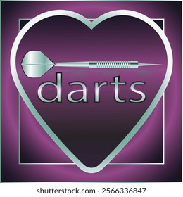 square with purple background. In the center there is a white frame in the shape of a heart, the word "darts" Inside the heart. Silver dart.  the design is simple and minimalistic.