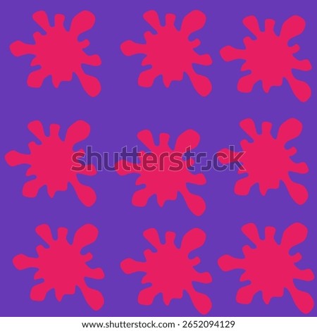 
A square with a purple background featuring a symmetrical 3x3 grid of nine vibrant red, irregular splash shapes, resembling paint splatters or ink blots.