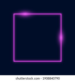 Square Purple neon light on a dark background. Neon rectangle frame. Vector abstract background. Geometric glow outline shape or laser glowing lines.
