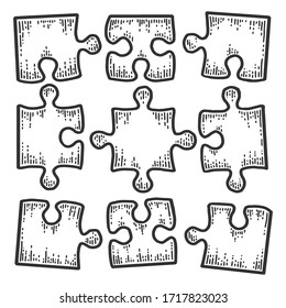 Square puzzle icon. Not assembled nine pieces. Sketch scratch board imitation. Black and white. Engraving vector illustration