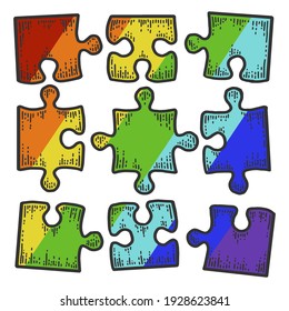 Square puzzle icon with rainbow colors . unassembled nine piece puzzle. imitation scratch board sketch.