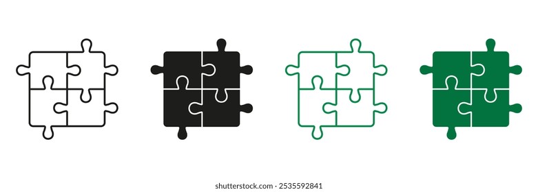 Square Puzzle. Logic Game, Teamwork, Idea Concept. Solution, Challenge, Combination Line and Silhouette Icon Set. Editable Stroke. Isolated Vector Illustration.