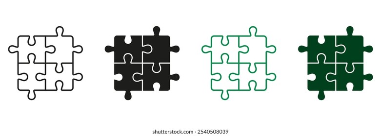 Square Puzzle. Logic Game, Teamwork, Idea Concept. Solution, Challenge, Combination Line and Silhouette Icon Set. Editable Stroke. Isolated Vector Illustration.