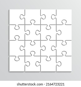 Square puzzle pieces 4x4 grid. Modern background with 16 separate shapes. Jigsaw outline grid. Scheme of thinking game. Mosaic silhouette. Cutting template. Simple frame tiles. Vector