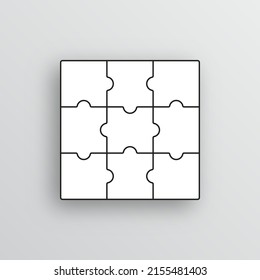 Square puzzle pieces grid. Jigsaw outline grid. Scheme of thinking game. Modern background with separate shapes. Mosaic silhouette with 9 details. Cutting template. Simple frame tiles. Vector