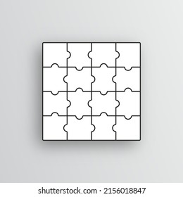 Cuadrícula de piezas de rompecabezas cuadradas. Cuadrícula del contorno de jigsaw. Silueta de mosaico con 16 detalles. Esquema del juego de pensamiento. Fondo moderno con formas separadas. Plantilla de corte. Baldosas de marco simples. Vector
