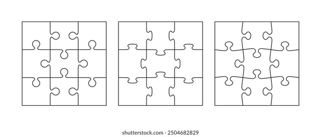 Cuadrado puzzle piezas rejillas con 9 detalles. Colección de cuadrículas de contorno de rompecabezas. Esquema de 6 juego de pensamiento conjunto. Cortando Plantilla. Fondo moderno con Formas separadas. Ilustrador de Vector