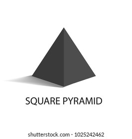 Square pyramid black geometric figure that casts shade. Three-dimensional shape with side in form of triangle and square base vector illustration.