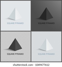 Square pyramid set on dark light and transparent backgrounds, three dimensional geometric shapes of square pyramid, geometric 3D pyramid figure vector