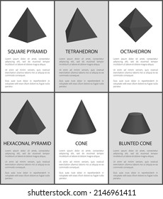 Square pyramid tetrahedron octahedron hexagonal pyramid blunted cone and sphere 3D geometric shapes vector illustration black geometry figures with text