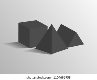 Square pyramid, tetrahedron triangular prism and cube 3D geometric black shapes isolated on grey. Three dimensional figures vector illustrations.