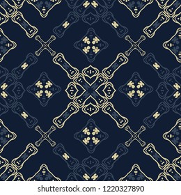 Square Quilt Tile Seamless Vector Pattern. Hand Drawn Portugal Shapes Grid. Ornament Texture for Textile Prints, Ethnic Decor, Asian Packaging. Elegant Fashion Fabrics, Blue Gold Masculine Gift Wrap.