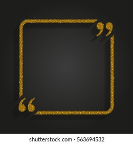 Square quote with gold sequins, glitters, sparkles, paillettes. Empty frame for messages with shiny sequins. Golden dots glitter texture. Quote text form square bright frame, background or banner.