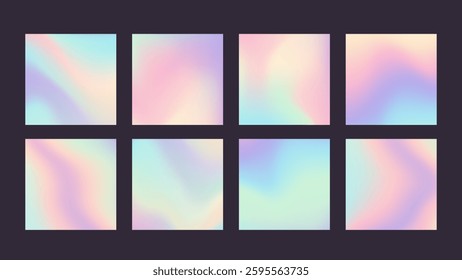 Square rainbow poster set. Pastel gradient, halogram background. Vector template for designs