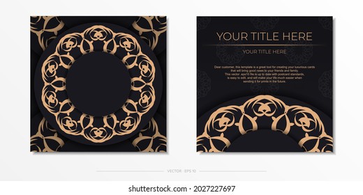 Square Ready-to-print postcard design in black with luxurious ornaments. Invitation card template with vintage patterns.