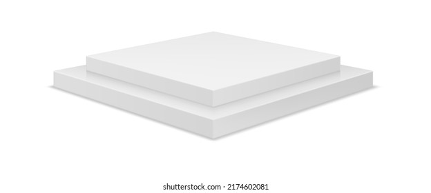 Square realistic 3D podium, arena stage platform. Blank arena in gallery or cosmetics shop, empty square blocks platform. Showroom foundation, block cubes exposition