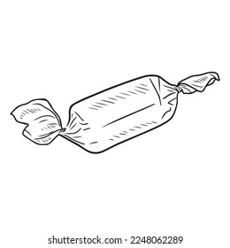Square realistic chocolate candy in package in black isolated on white background. Hand drawn vector sketch illustration in doodle engraved vintage outline. Gift, tasty, delicious, bakery, design.