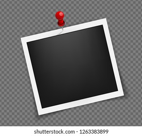 Square realistic frame template on red pin with shadows isolated on transparent background. photo frame. Vector illustration