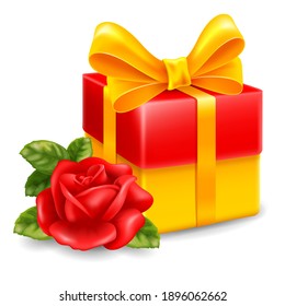 Square realistic gift box in red and yellow colors with golden bow and red rose and leaves. Surprise for birthday, holidays and other events. Isolated on white background. Vector illustration EPS 10