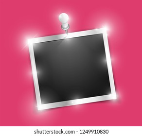 Square realistic silver shining frame template on metal pin with shadows isolated on pink background. Vector illustration