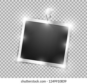 Square realistic silver shining frame template on metal pin with shadows isolated on transparent background. Vector illustration