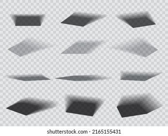 Square rectangle box shadow effects, realistic overlay and vector transparent shadow. Object shades, black and white soft shadow on bottom or floor surface, side light shade effects